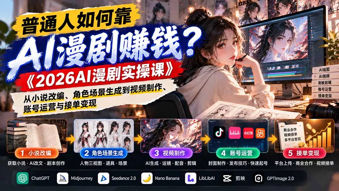 普通人如何靠AI漫剧赚钱？《2026AI漫剧实操课》从小说改编、角色场景生成到视频制作、账号运营与接单变现客创社区-专注互联网轻资产资源整合与分享客创社区-专注互联网轻资产资源整合与分享