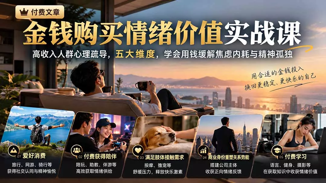 付费文章：金钱购买情绪价值实战课｜高收入人群心理疏导，五大维度，学会用钱缓解焦虑内耗与精神孤独客创社区-专注互联网轻资产资源整合与分享客创社区-专注互联网轻资产资源整合与分享