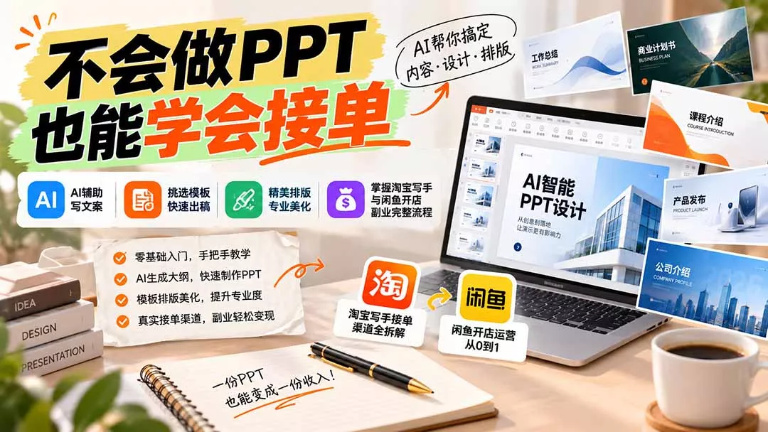 不会做PPT也能学会接单：AI辅助写文案、挑模板、做排版，掌握淘宝写手与闲鱼开店副业完整流程 《鱼见海科技》-鱼见海资源网-免费PHP网站源码模板,插件软件网创AI智能体资源分享平台！