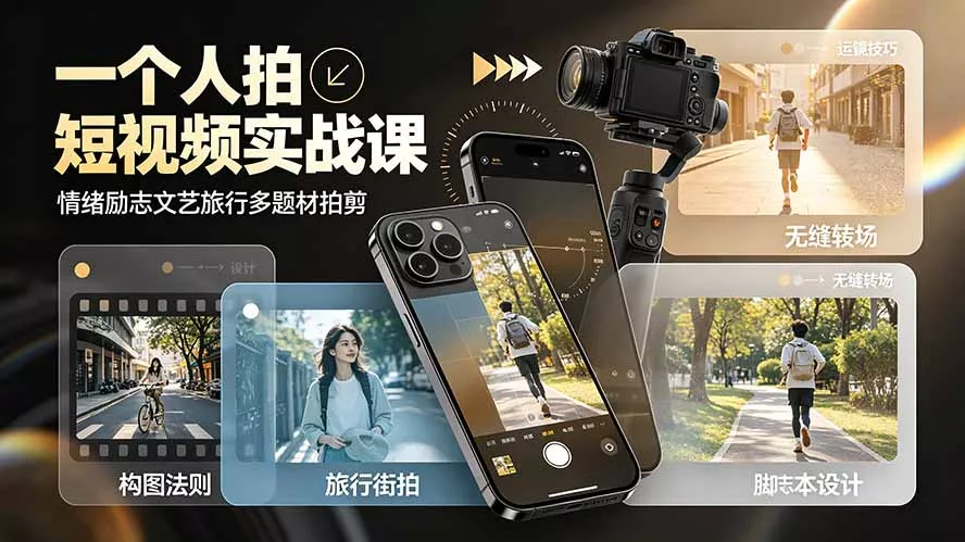 一个人拍短视频实战课：情绪励志文艺旅行多题材×五大景别×黄金构图×八大运镜，从拍摄到成片高效创作-鱼见海资源网-免费PHP网站源码模板,插件软件网创AI智能体资源分享平台！