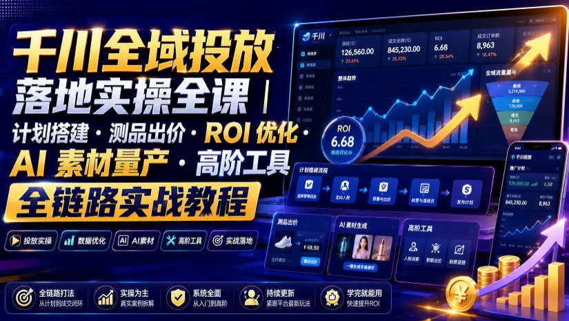 千川全域投放落地实操全课｜计划搭建・测品出价・ROI优化・AI素材量产・高阶工具全链路实战教程主用 -、辅助 +中赚AI网