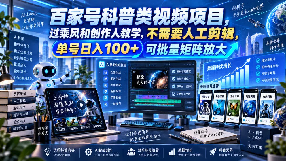 百家号科普类视频项目，过乘风和创作人教学，不需要人工剪辑，单号日入100+可批量矩阵放大-第一人副业终点站
