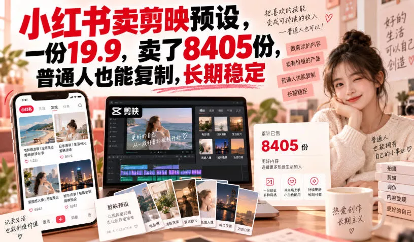 小红书卖剪映预设，一份19.9，卖了8405份，普通人也能复制，长期稳定-鱼见海资源网-免费PHP网站源码模板,插件软件网创AI智能体资源分享平台！