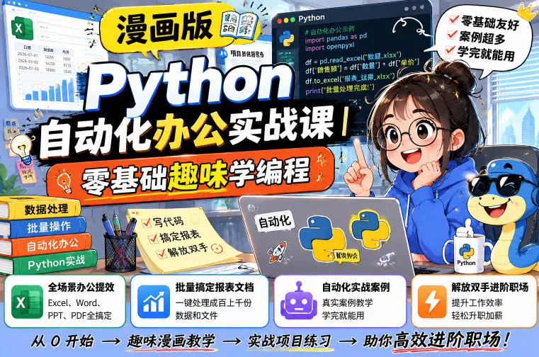 漫画版Python自动化办公实战课｜零基础趣味学编程，全场景办公提效、批量搞定报表文档、解放双手进阶职场 《鱼见海科技》-鱼见海资源网-免费PHP网站源码模板,插件软件网创AI智能体资源分享平台！