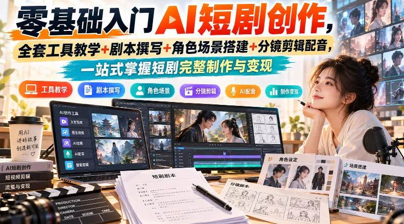 零基础入门AI短剧创作，全套工具教学+剧本撰写+角色场景搭建+分镜剪辑配音，一站式掌握短剧完整制作与变现客创社区-专注互联网轻资产资源整合与分享客创社区-专注互联网轻资产资源整合与分享