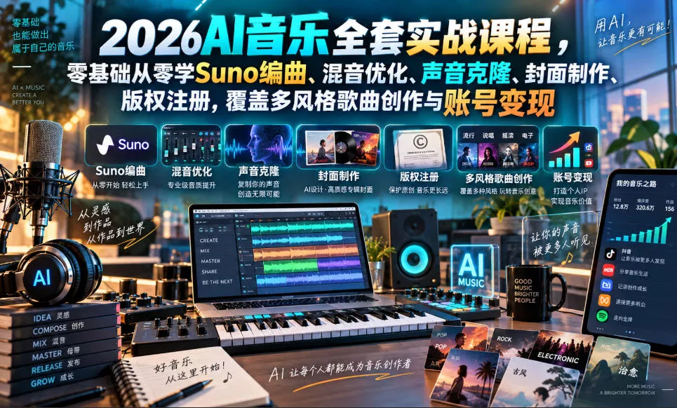 2026AI音乐实战课程，零基础从零学Suno编曲、混音优化、声音克隆、版权注册，覆盖多风格歌曲创作与账号变现星享资源网星享资源网