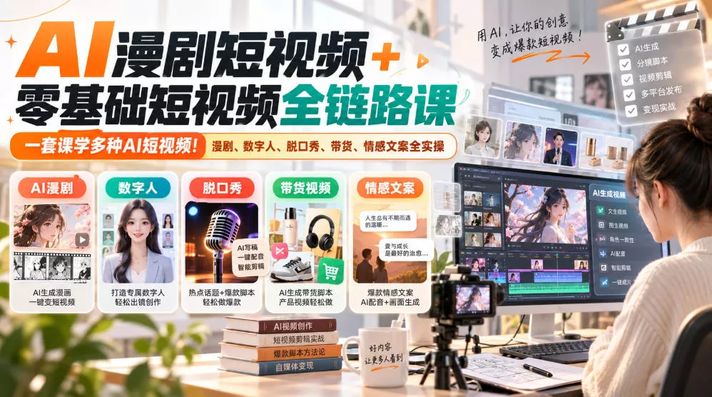 AI漫剧短视频+零基础短视频全链路课，一套课学多种AI短视频！漫剧、数字人、脱口秀、带货、情感文案全实操客创社区-专注互联网轻资产资源整合与分享客创社区-专注互联网轻资产资源整合与分享