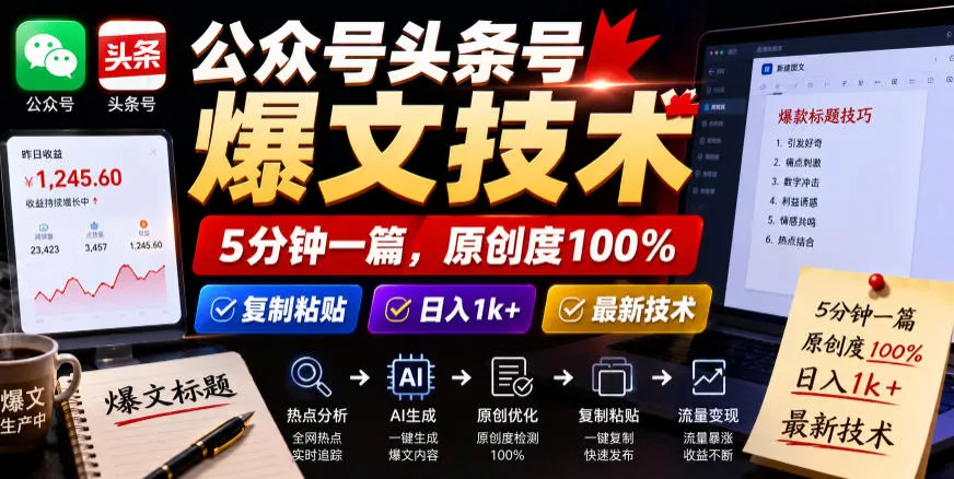 公众号头条号爆文技术，5分钟一篇，原创度100%，复制粘贴，日入1k+，最新技术【揭秘】客创社区-专注互联网轻资产资源整合与分享客创社区-专注互联网轻资产资源整合与分享