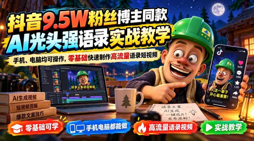 抖音9.5W粉丝博主同款AI光头强语录实战教学，手机、电脑均可操作，零基础快速制作高流量语录短视频 《鱼见海科技》-鱼见海资源网-免费PHP网站源码模板,插件软件网创AI智能体资源分享平台！