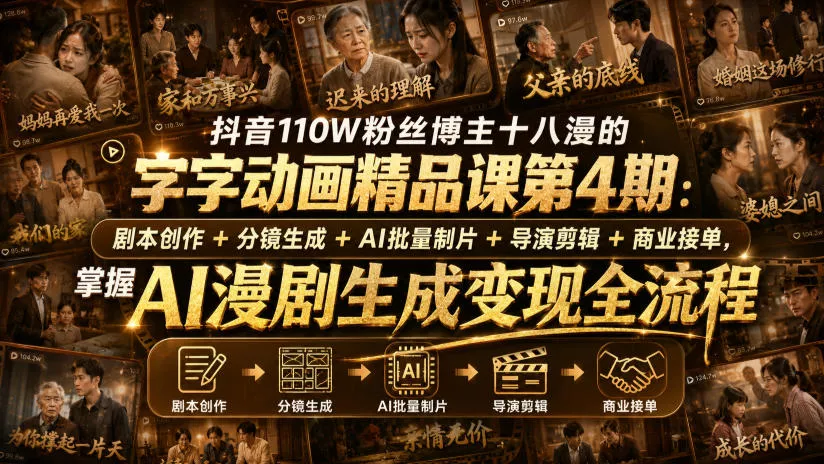 抖音110W粉丝博主十八漫的字字动画精品课第4期：剧本创作+分镜生成+剪辑+商业接单，掌握AI漫剧生成变现全流程 《鱼见海科技》-鱼见海资源网-免费PHP网站源码模板,插件软件网创AI智能体资源分享平台！