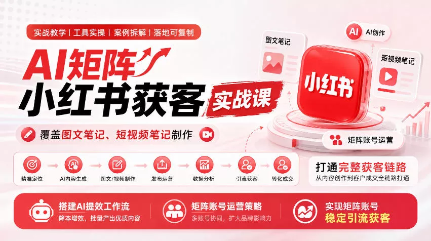 AI矩阵小红书获客实战课，覆盖图文笔记、短视频笔记制作，打通完整获客链路，搭建AI提效工作流，实现矩阵账号稳定引流获客星享资源网HS游戏库