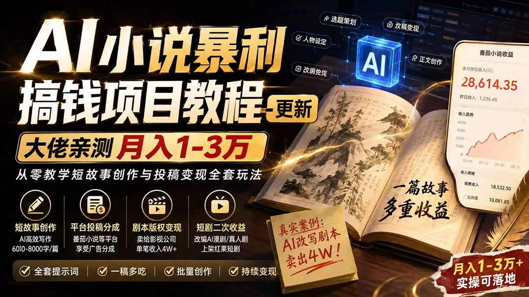 AI小说短故事较高利润搞钱项目教程-更新，大佬亲测月入1-3万，从零教学短故事创作与投稿变现全套玩法 《鱼见海科技》-鱼见海资源网-免费PHP网站源码模板,插件软件网创AI智能体资源分享平台！