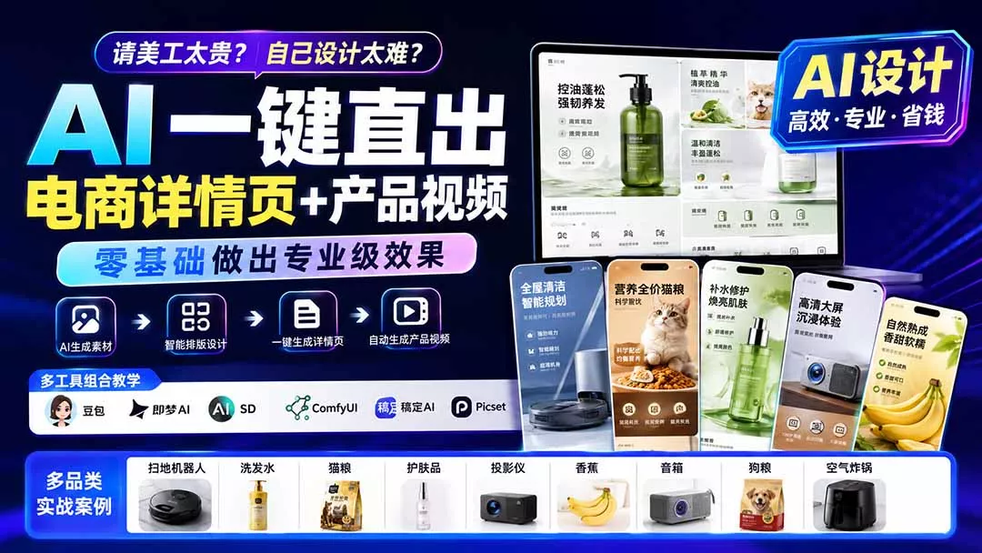 请美工太贵？自己设计太难？AI一键直出电商详情页+产品视频，零基
