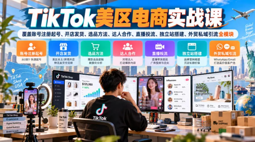 TikTok美区电商实战课，覆盖账号注册起号、开店发货、选品方法、达人合作、直播投流、独立站搭建、外贸私域引流全模块 《鱼见海科技》-鱼见海资源网-免费PHP网站源码模板,插件软件网创AI智能体资源分享平台！