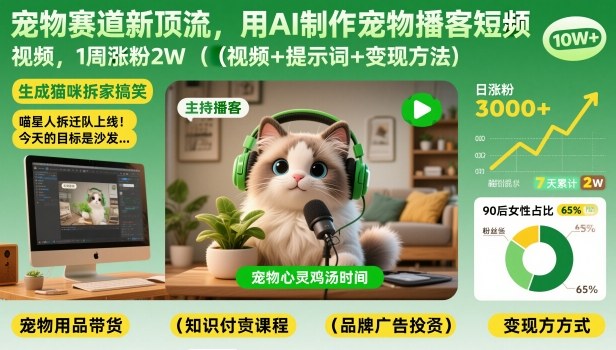 宠物赛道新顶流，用AI制作宠物播客短视频，1周涨粉2W(视频+提示词+变现方法)客创社区-专注互联网轻资产资源整合与分享客创社区-专注互联网轻资产资源整合与分享