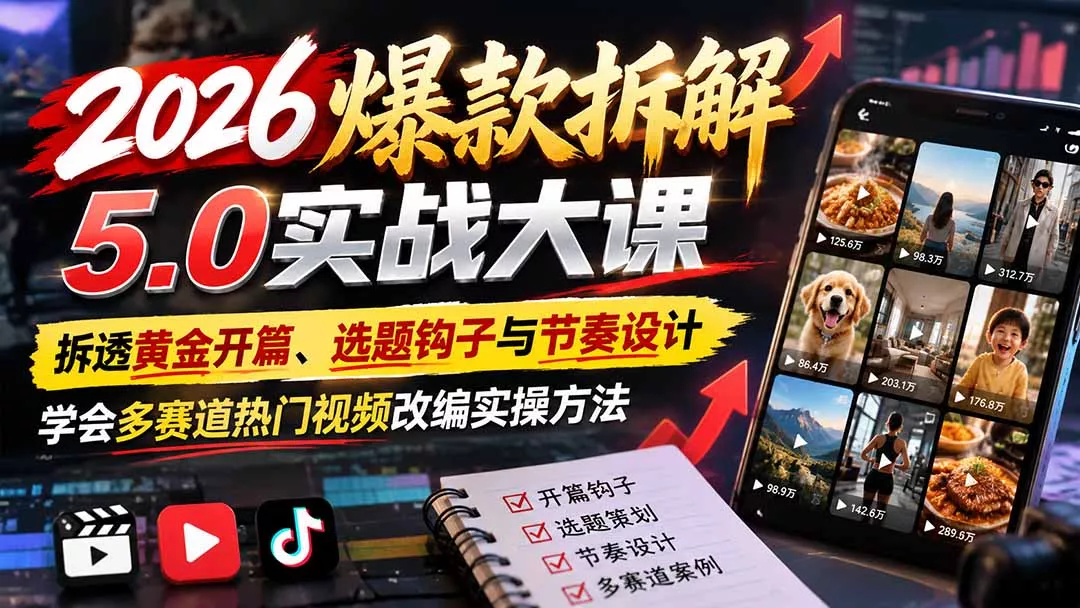 2026爆款拆解5.0实战大课：拆透黄金开篇、选题钩子与节奏设计，学会多赛道热门视频改编实操方法客创社区-专注互联网轻资产资源整合与分享客创社区-专注互联网轻资产资源整合与分享