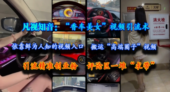 凡视知音：“香车美女”视频引流术，依靠鲜为人知的视频入口，搬运“高端圈子”视频，引流精准创业粉，评论区一堆“求带”-客创社 - 专注互联网轻资产创业及网络项目资源整合与分享客创社-免费且强大的项目分享网站！