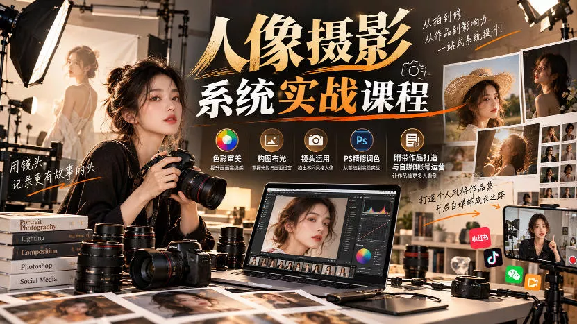 【无水印】人像摄影系统实战课程，色彩审美、构图布光、镜头运用、PS精修调色，附带作品打造与自媒体账号运营 《鱼见海科技》-鱼见海资源网-免费PHP网站源码模板,插件软件网创AI智能体资源分享平台！