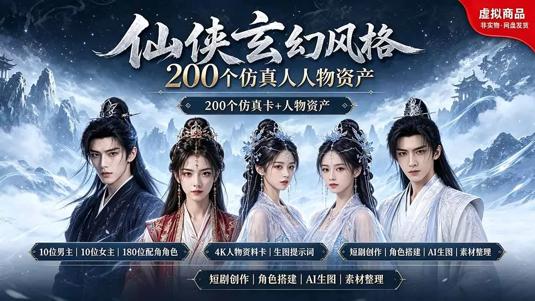 200个仙侠玄幻仿真人素材◆10男主×10女主×180配角,4K资料卡+AI生图提示词,漫剧必备-软件百科