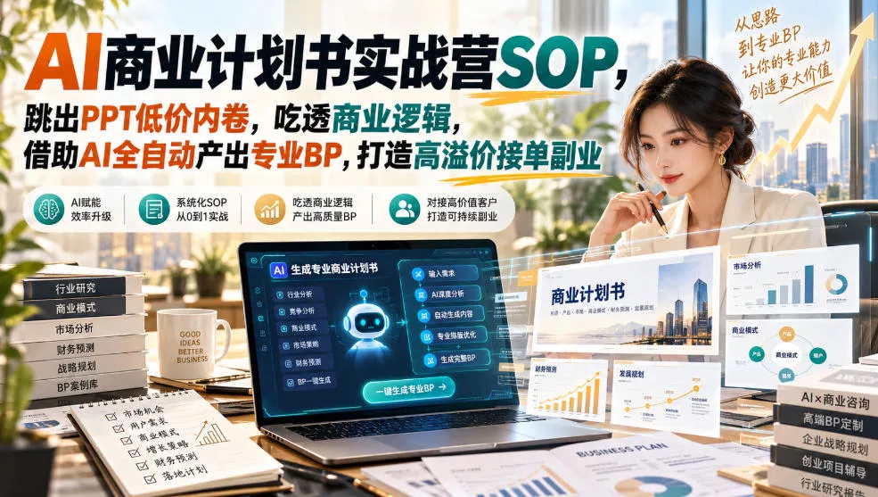 AI商业计划书实战营SOP，跳出PPT低价内卷，吃透商业逻辑，借助AI全自动产出专业BP，打造高溢价接单副业 《鱼见海科技》-鱼见海资源网-免费PHP网站源码模板,插件软件网创AI智能体资源分享平台！