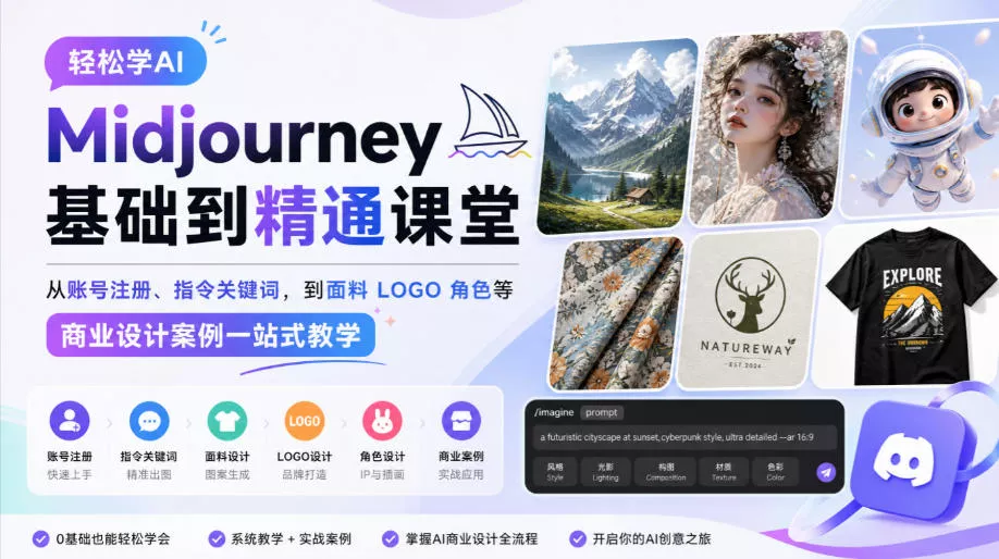 轻松学AI Midjourney基础到精通课堂，从账号注册、指令关键词，到面料LOGO角色等商业设计案例一站式教学星享资源网HS游戏库