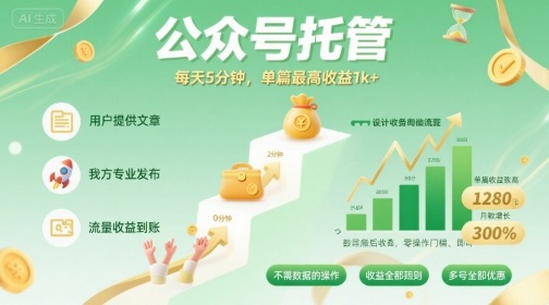 【公众号托管 】我提供文章，你发布，每天5分钟，单篇最高收益1k+【揭秘】-客创社 - 专注互联网轻资产创业及网络项目资源整合与分享客创社-免费且强大的项目分享网站！