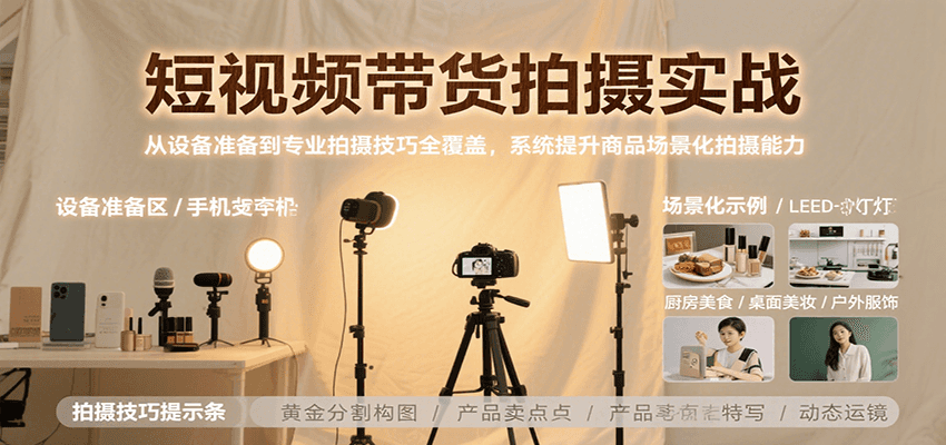 短视频带货拍摄实战，从设备准备到专业拍摄技巧全覆盖，系统提升商品场景化拍摄能力-客创社 - 专注互联网轻资产创业及网络项目资源整合与分享客创社-免费且强大的项目分享网站！
