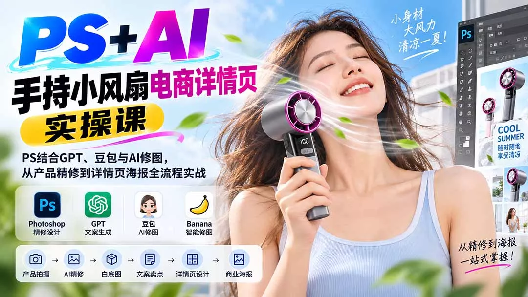 PS+AI手持小风扇电商详情页实操课：PS结合GPT、豆包与AI
