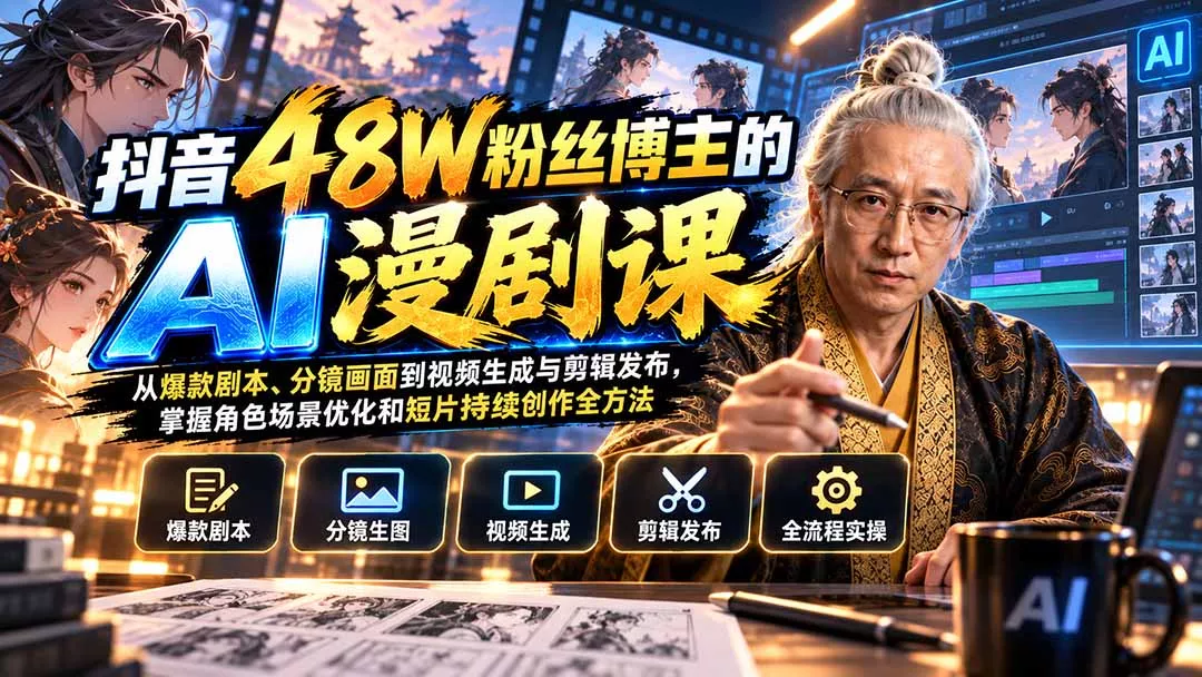 抖音48W粉丝博主的AI漫剧课：从爆款剧本、分镜画面到视频生成与剪辑发布，掌握角色场景优化和短片持续创作全方法 《鱼见海科技》-鱼见海资源网-免费PHP网站源码模板,插件软件网创AI智能体资源分享平台！