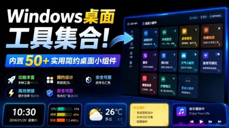 Windows桌面工具集合！内置50+实用简约桌面小组件，含截图、录屏、翻译、天气等，多秘工具箱主用 -、辅助 +中赚AI网