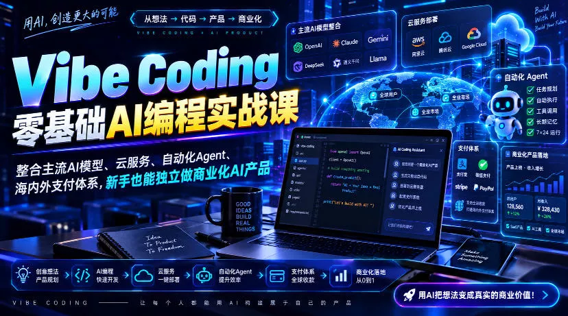 Vibe Coding零基础AI编程实战课-无水印，整合主流AI模型、云服务、自动化Agent、海内外支付体系，新手也能独立做商业化AI产品 《鱼见海科技》-鱼见海资源网-免费PHP网站源码模板,插件软件网创AI智能体资源分享平台！