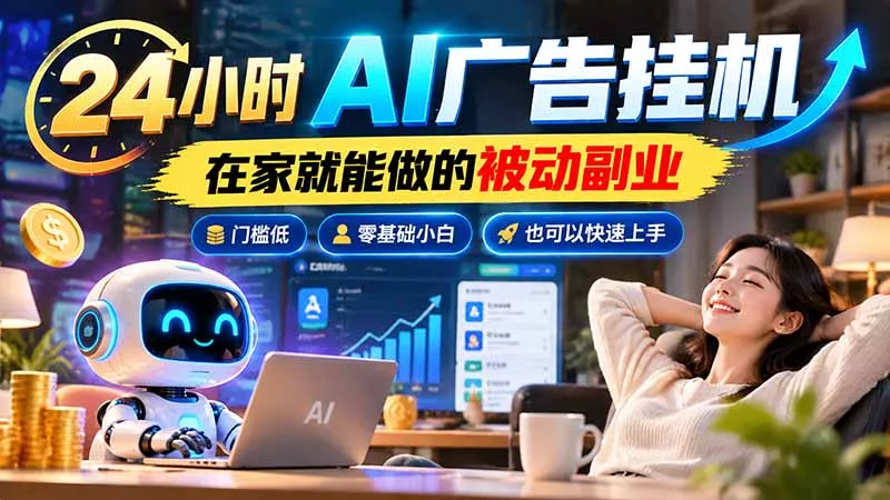 24小时AI广告挂机|在家就能做的被动副业,门槛低,零基础小白也可以快速上手客创社区-专注互联网轻资产资源整合与分享客创社区-专注互联网轻资产资源整合与分享