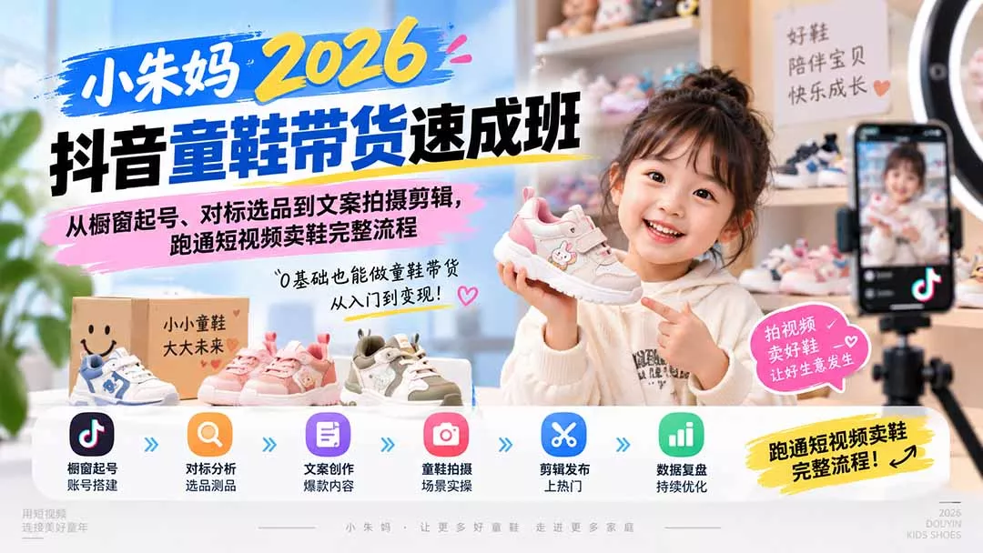 小朱妈2026抖音童鞋带货速成班：从橱窗起号、对标选品到文案拍摄