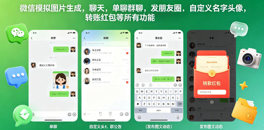微信模拟图片生成，聊天，单聊群聊，发朋友圈，自定义名字头像，转账红包等所有功能都可以生成客创社区-专注互联网轻资产资源整合与分享客创社区-专注互联网轻资产资源整合与分享
