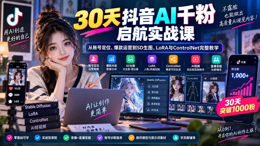 30天抖音AI千粉启航实战课：从账号定位、爆款运营到SD生图、L