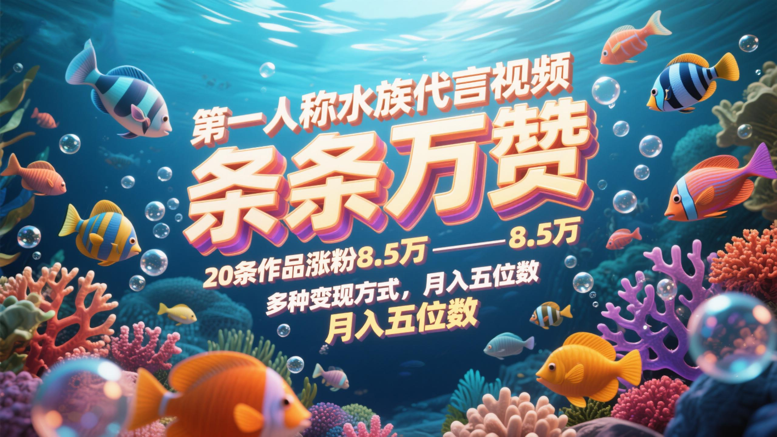 第一人称水族代言视频，条条万赞，20条作品涨粉8.5万，多种变现方式月，入五位数-客创社 - 专注互联网轻资产创业及网络项目资源整合与分享客创社-免费且强大的项目分享网站！