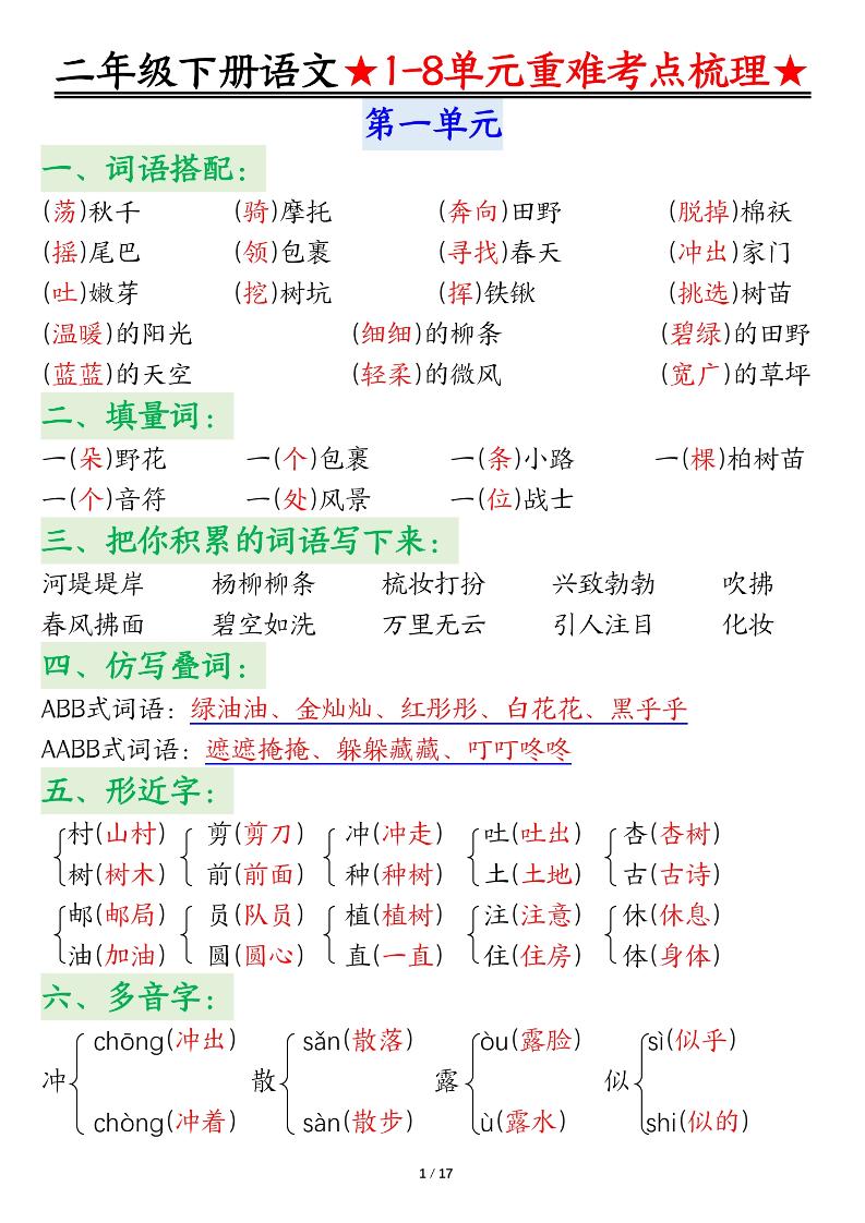 二下语文期末复习1-8单元重难考点梳理总结（17页）-客创社 - 专注互联网轻资产创业及网络项目资源整合与分享客创社-免费且强大的项目分享网站！