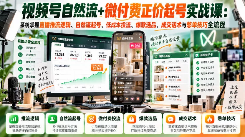 视频号自然流+微付费正价起号实战课：系统掌握直播推流逻辑、自然流起号、低成本投流、爆款选品、成交话术与憋单技巧全流程 《鱼见海科技》-鱼见海资源网-免费PHP网站源码模板,插件软件网创AI智能体资源分享平台！