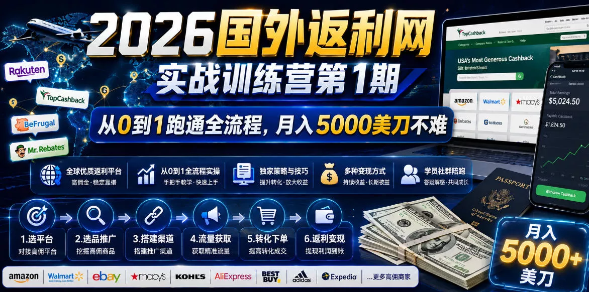 2026国外返利网实战变现营-靠前期，从零拆解项目逻辑与流程，跑通完整变现链路，月入5000美金 《鱼见海科技》-鱼见海资源网-免费PHP网站源码模板,插件软件网创AI智能体资源分享平台！
