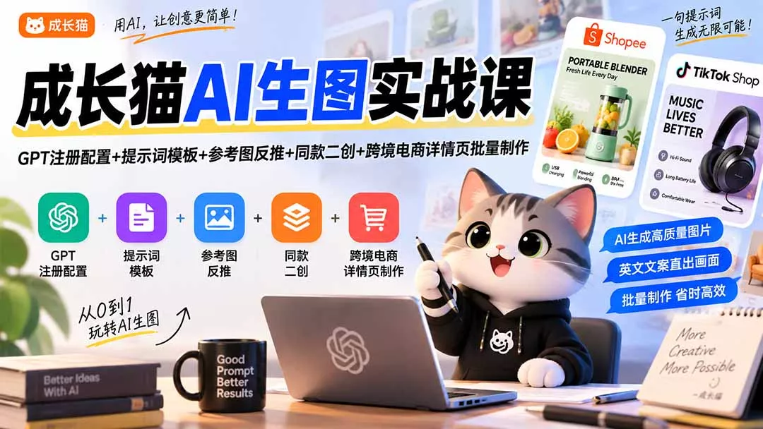 成长猫AI生图实战课｜GPT注册配置+提示词模板+参考图反推+同