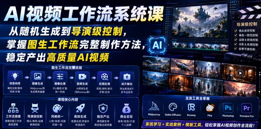 AI视频工作流系统课，从随机生成到导演级控制，掌握图生工作流完整制作方法，稳定产出高质量AI视频客创社区-专注互联网轻资产资源整合与分享客创社区-专注互联网轻资产资源整合与分享