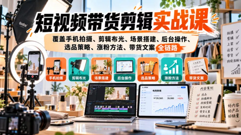 短视频带货剪辑实战课，覆盖手机拍摄、剪辑布光、场景搭建、后台操作、选品策略、涨粉方法、带货文案全链路-鱼见海资源网-免费PHP网站源码模板,插件软件网创AI智能体资源分享平台！