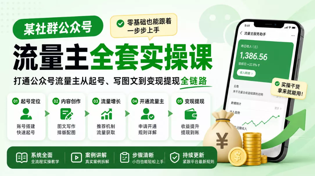 某社群公众号流量主全套实操课，零基础也能跟着一步步上手，打通公众号流量主从起号、写图文到变现提现全链路客创社区-专注互联网轻资产资源整合与分享客创社区-专注互联网轻资产资源整合与分享
