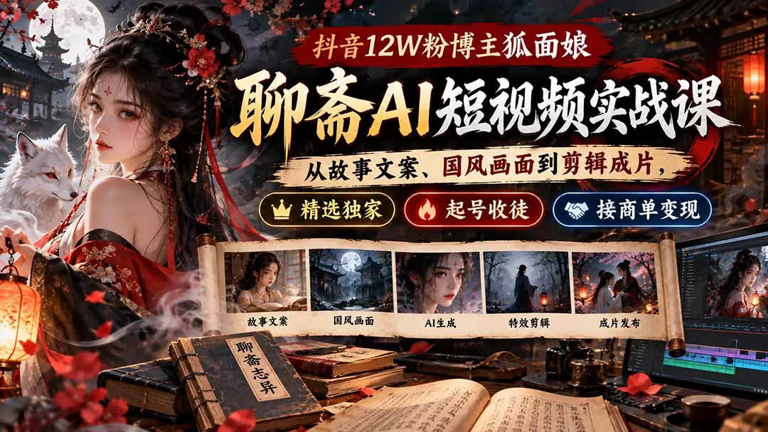 抖音12W粉博主狐面娘-聊斋AI短视频实战课：从故事文案、国风画