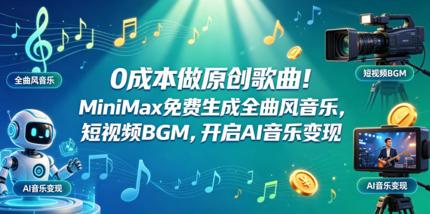 0成本做原创歌曲！MiniMax免费生成全曲风音乐，短视频BGM，开启AI音乐变现-九九网创