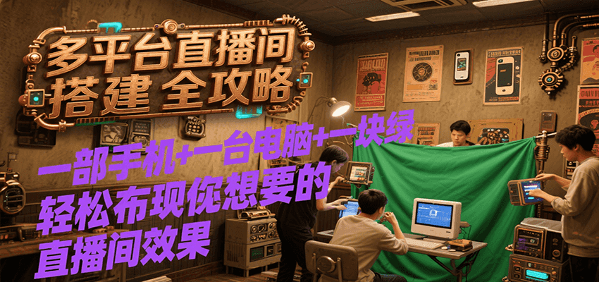 多平台直播间搭建全攻略，一部手机+一台电脑+一块绿布轻松实现你想要的直播间效果-客创社 - 专注互联网轻资产创业及网络项目资源整合与分享客创社-免费且强大的项目分享网站！