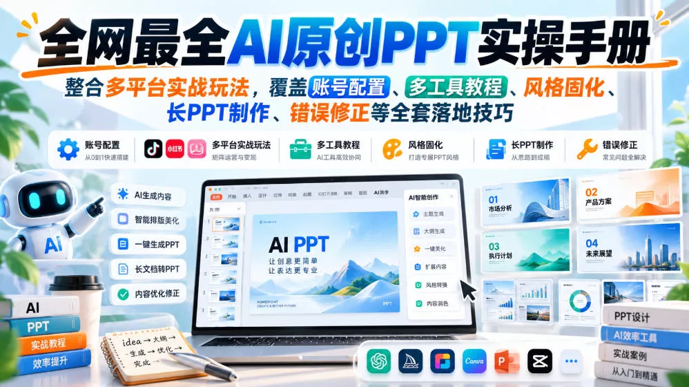 全网最全AI原创PPT实操手册，整合多平台实战玩法，覆盖账号配置、多工具教程、风格固化、长PPT制作、错误修正等全套落地技巧 《鱼见海科技》-鱼见海资源网-免费PHP网站源码模板,插件软件网创AI智能体资源分享平台！