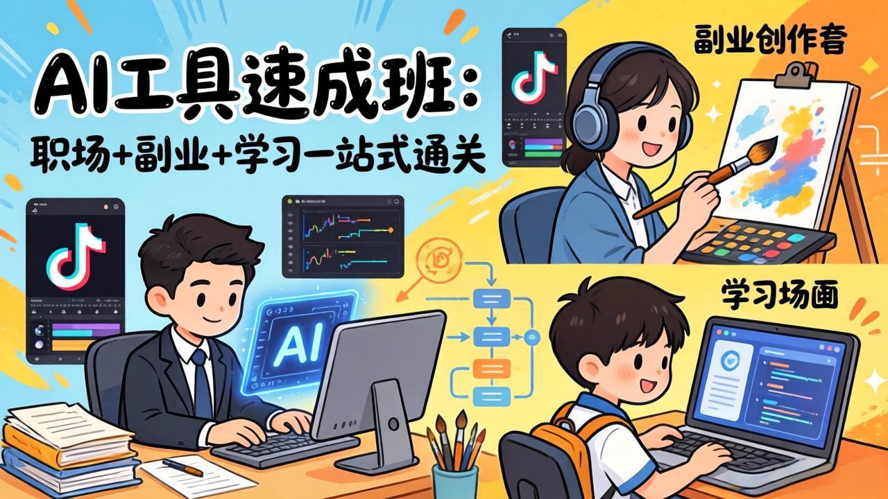 AI工具速成班：职场+副业+学习一站式通关，20+爆款类型+剪映技巧+抖音算法，0基础快速上手-鱼见海资源网-免费PHP网站源码模板,插件软件网创AI智能体资源分享平台！