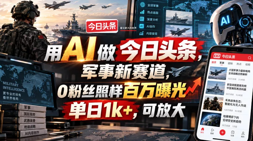 用AI做今日头条，军事新赛道，0粉丝照样百万曝光，单日1k+，可放大客创社区-专注互联网轻资产资源整合与分享客创社区-专注互联网轻资产资源整合与分享