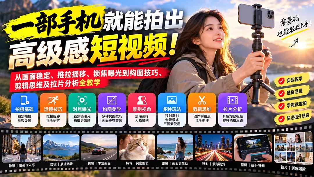 一部手机就能拍出高级感短视频！从画面稳定、推拉摇移、锁焦曝光到构